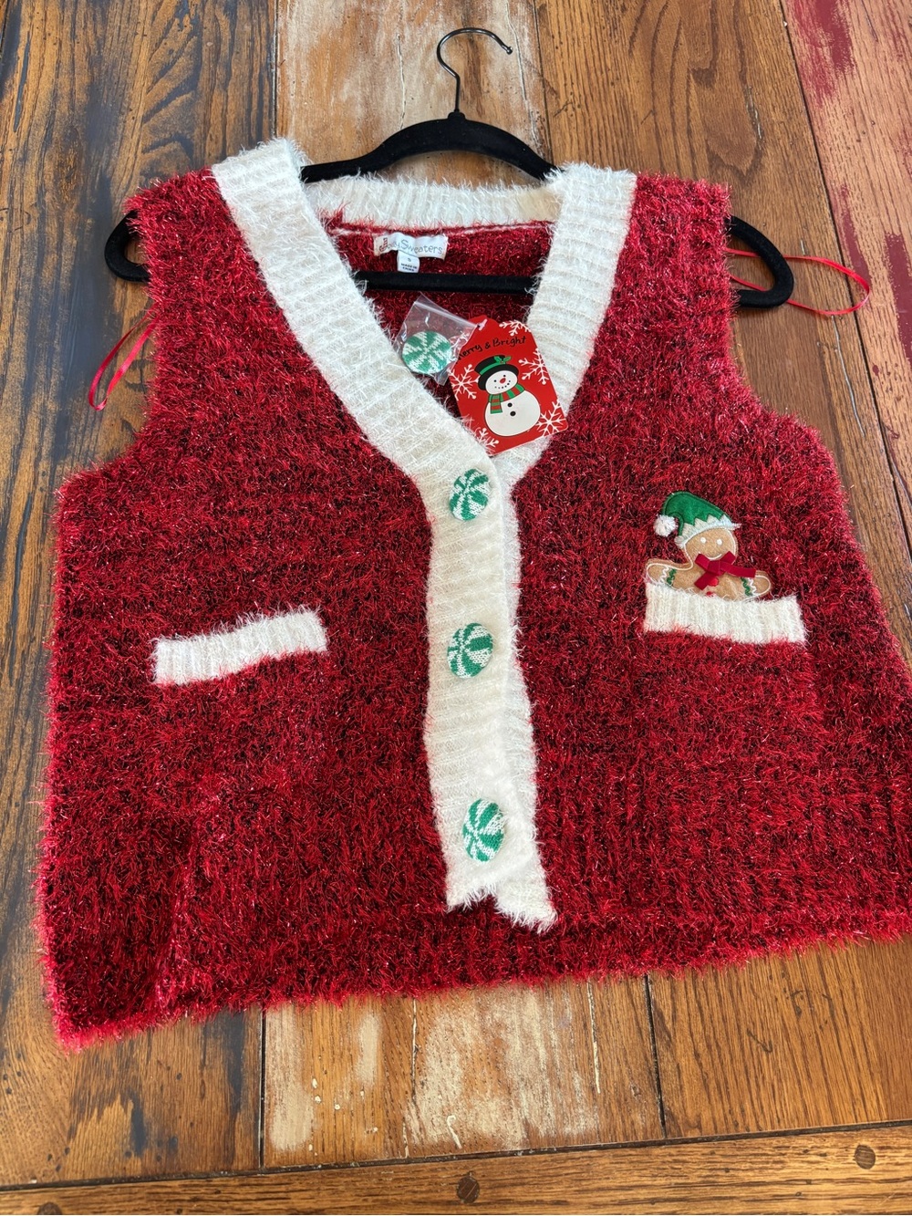 Cozy Red Holiday Sweater Vest with White Trim